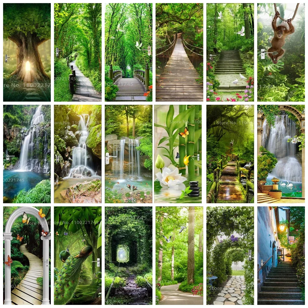 

Big Tree Forest Door Sticker Waterfall Landscape Home Decoration PVC Waterproof Door Wallpaper for Cabinet Bedroom Living Room