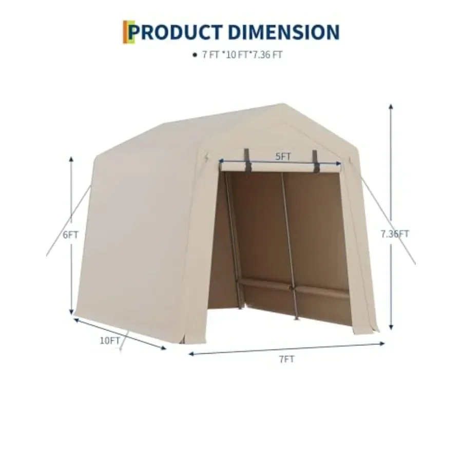 Portable bike shed for outdoor ATV storage, 7 x 10 feet tarp shelter with durable polyethylene material, gray color, waterproof