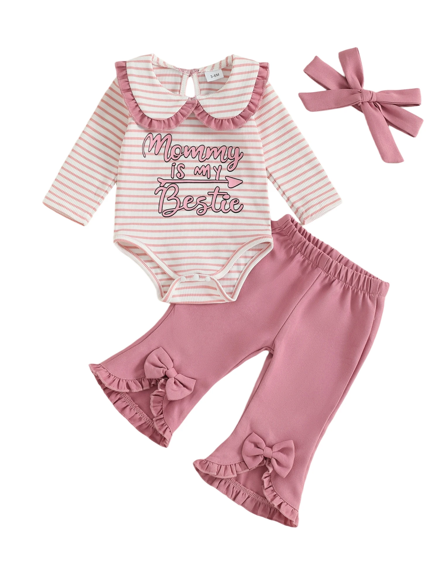 

Toddler Girls 3 Piece Set with Long Sleeve Doll Collar Jumpsuit Headband and Flared Pants - Letter and Striped Print Design