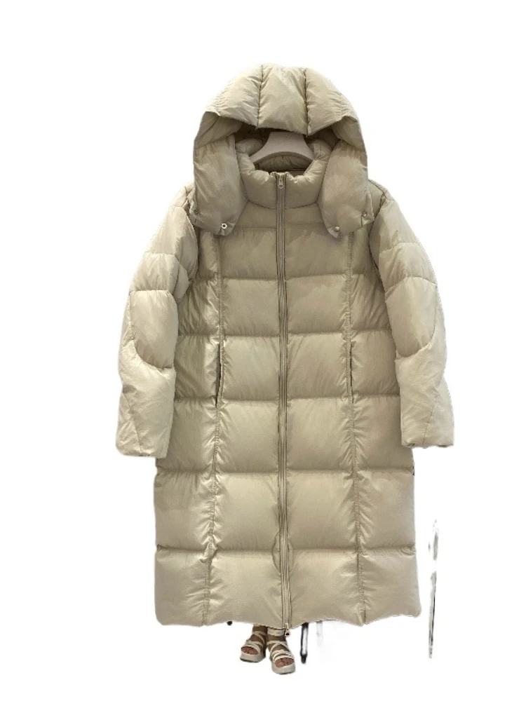 여성용 푹신한 다운 재킷 겨울 롱 후드 파카 2025 신상 두꺼운 따뜻한 루즈핏 오버사이즈 솔리드 컬러 90% 화이트 덕다운 푸퍼 코트