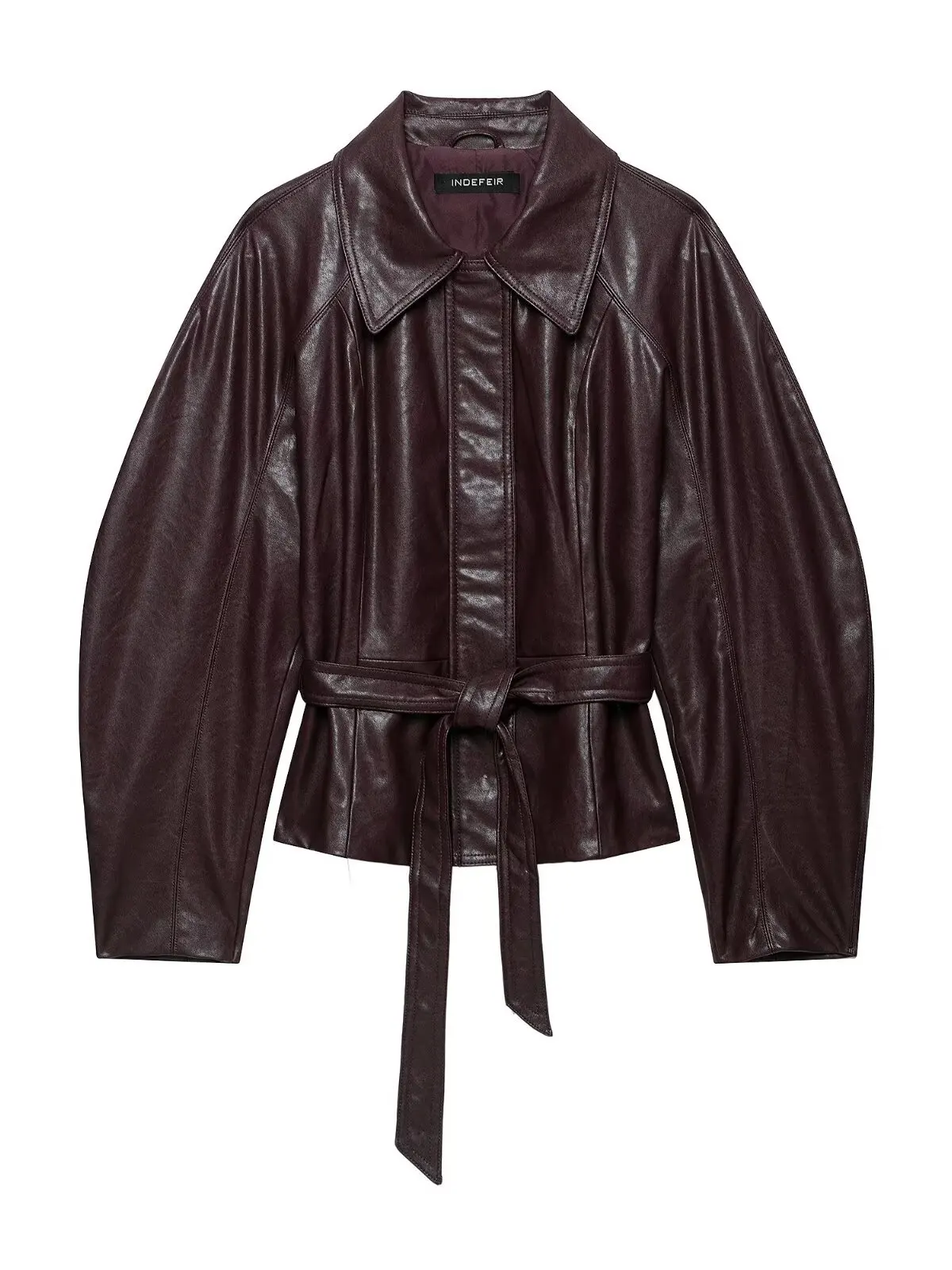Women's Retro Hong Kong Style Belted Short Leather Jacket Waist-Cinching Biker Coat Long Sleeve Turn-down Collar PU Leather