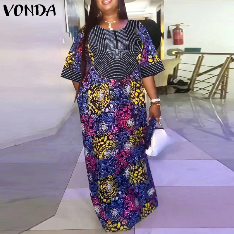 VONDA ชุดเดรสยาวผู้หญิง ดีไซน์หรูหรา แขนครึ่งตัว ลายดอกไม้ ชุดลำลองทรงหลวม สไตล์สตรีทแวร์ ชุดเดรสโอเวอร์ไซส์