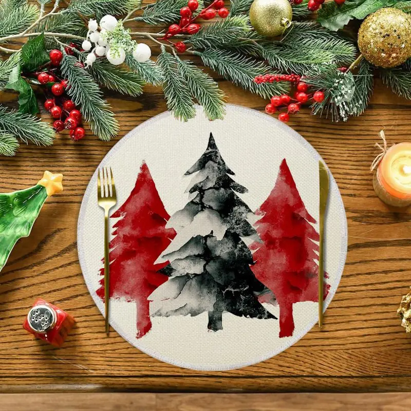 VIKAMA Green Cartoon Snowman Round Placemat Olive Backdrop Carrot Nose Plaid Scarf Flake Xmas Table Mat Soft Plush Durable Cozy