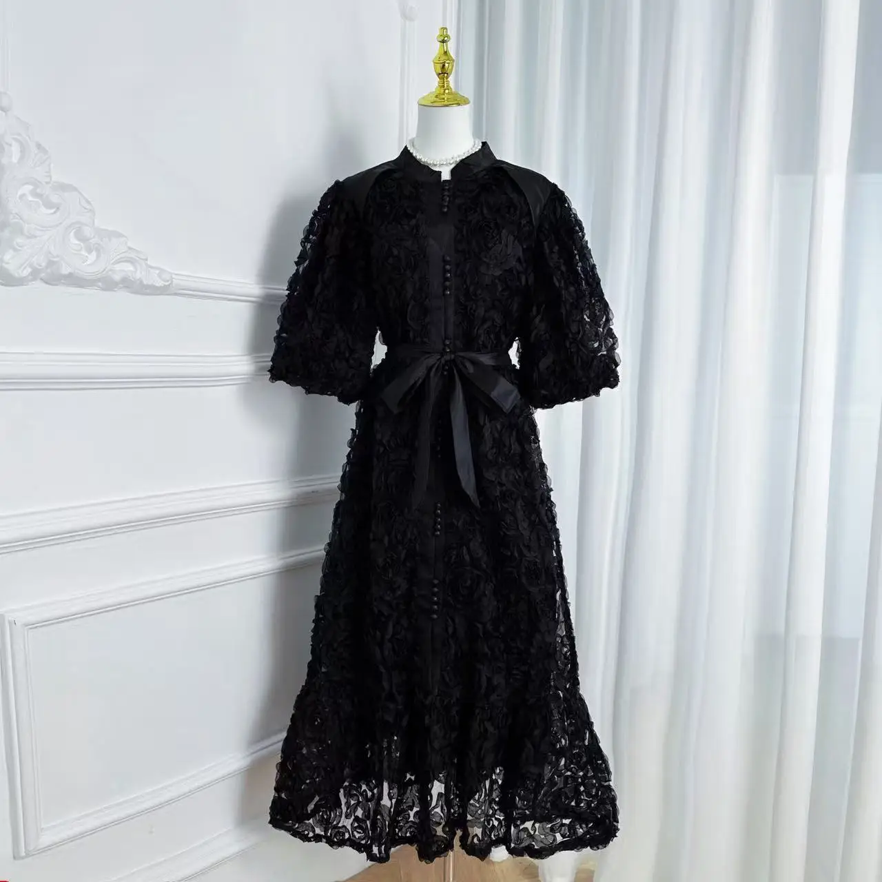 Luxe 3D Bloem Prom Formele Jurk Vrouwen Zomer Herfst Losse Big Size A-lijn Geplooide Single Breasted Midi Lange Feestjurken