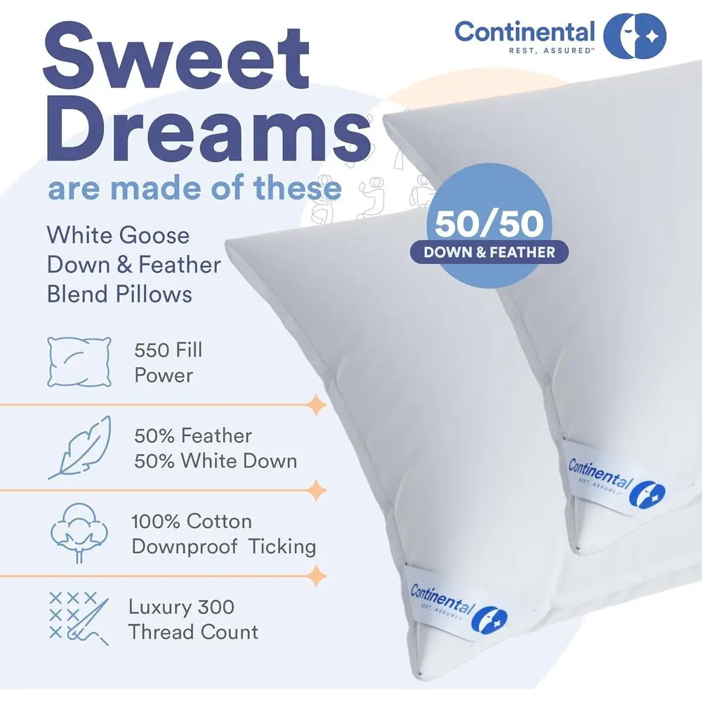 50/50 Down eather Pillow, luy Hotel Quality Side Sleeper Support, Breathable 300TC Cotton, RDS and Oeko TEX Certiied