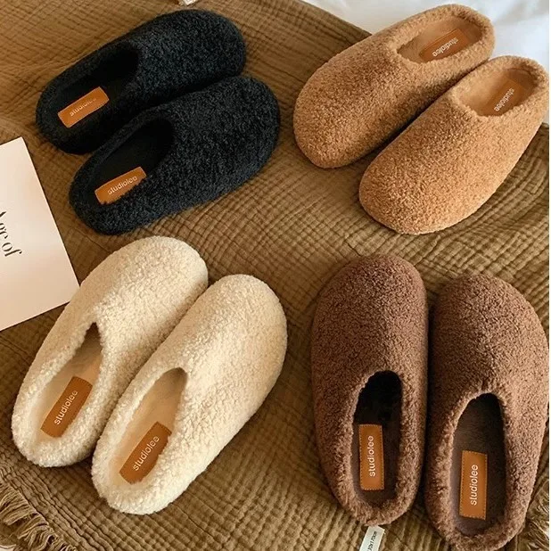 Low Flat Shoes Female Ladies' Slippers Platform Fur Flip Flops Slipers Women Cover Toe Plush 2025 Rubber with fur Slides Shearli