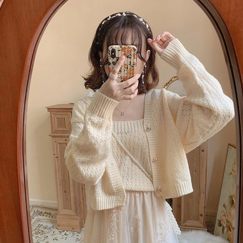 

Women New Gentle Sling Vest Sweater Top Two-piece Set Spring Autumn Solid Color Short Style Single Breasted Knitted Cardigan Set