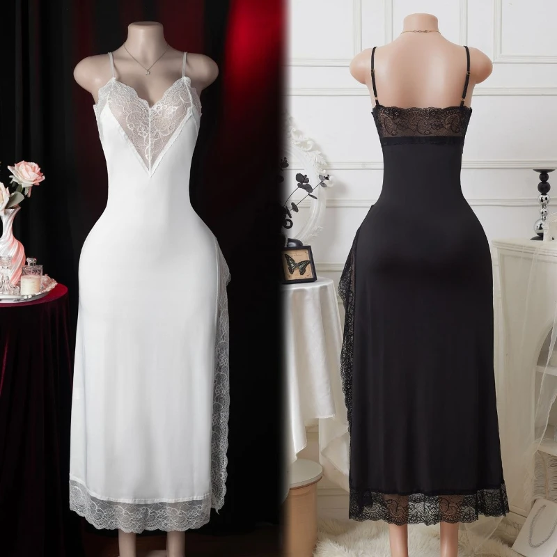 

2026 Summer New Hot Selling Lace Perspective V-neck Splicing Satin Long Home Dress for Women