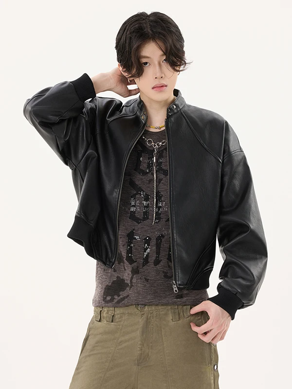 

American Retro Stand Collar PU Leather ort Biker Jaet Men's Leather Jaet Small Size Open Cardigan Outerwear Trendy