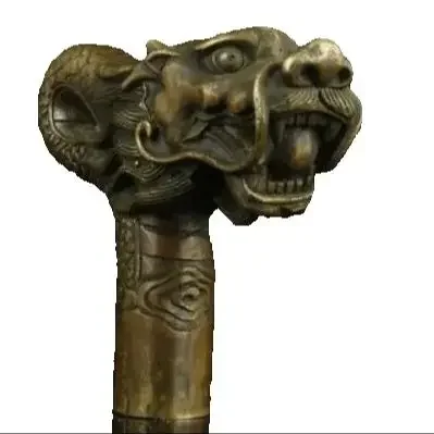 Pure Copper Brass Grandpa Good Lucky China Old Handwork Carving Bronze Dragon Statue Cane Head Walking Stick