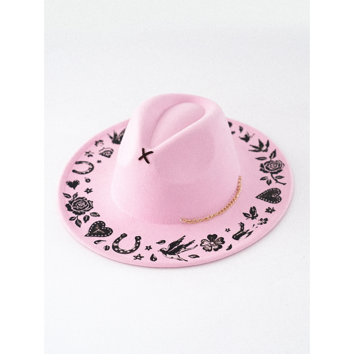 Vintage Camel Fedora Hat for Women Faux Felt Polyester Wide Brim Jazz Caps with Tattoo Graffiti Print Rose Bird Heart Gold Chain - view 4
