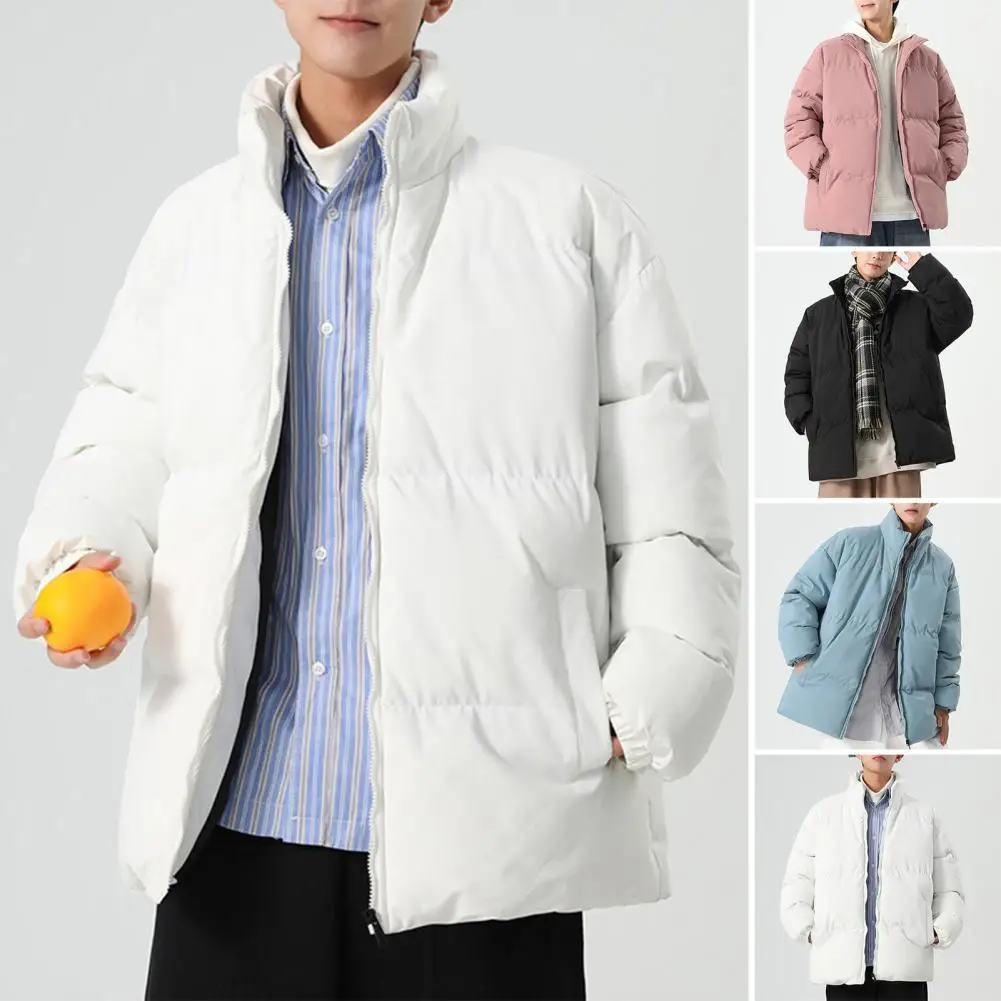 Men Cotton Jacket Stand Collar Long Sleeve Zipper Placket Thickened Down Coat With Pockets Solid Color Quilted Outwear