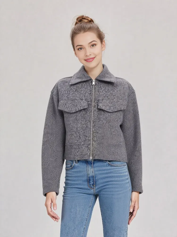 

HH Women Autumn Casual Solid Jacket Zipper Fashion Lapel Long Sleeve Coat With Front Flap Pocket Female Chic Grey Outwear