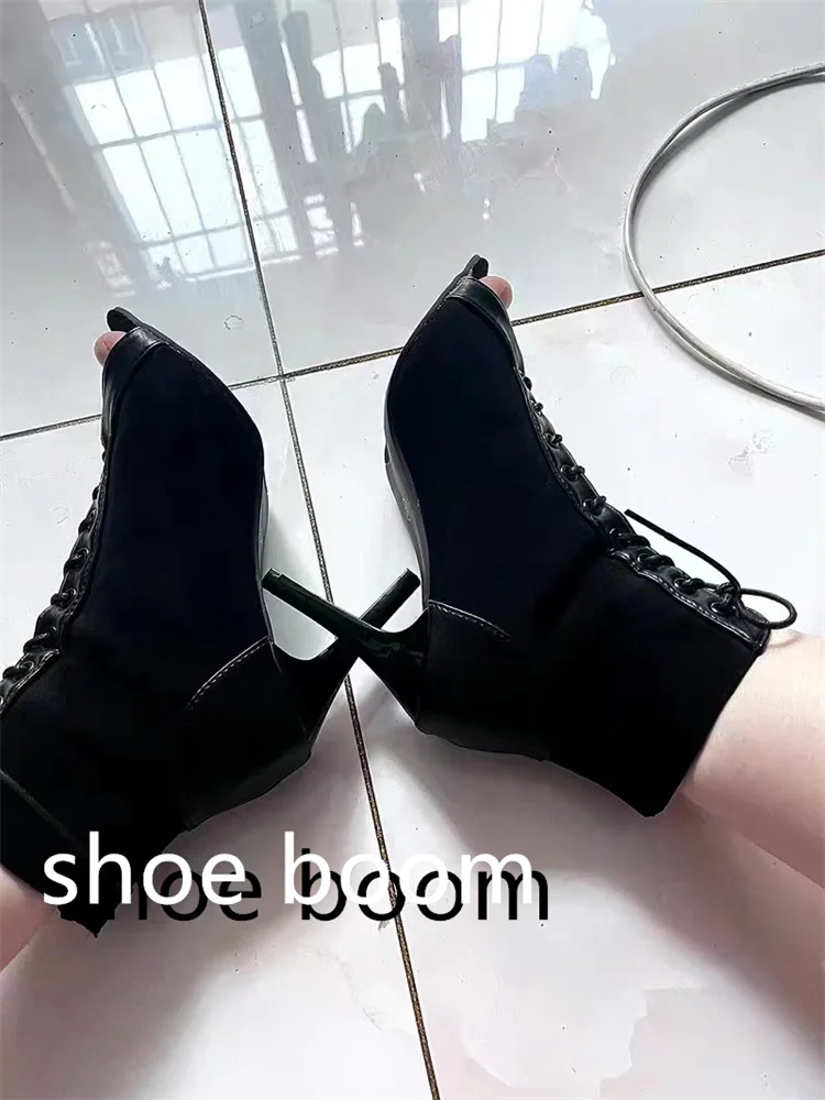 Sandalias con cordones, tacones de 9CM, zapatos de mujer, tendencia de verano 20224, botas sexis negras con punta abierta, tacones de aguja de tela a la moda, baile de Jazz para mujer
