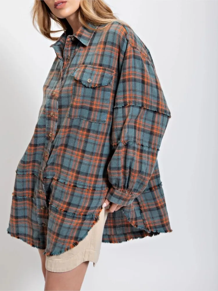 

Women Pocket Plaid Print Shirt Tops Autumn Lapel Long Sleeve Streetwear Casual Loose Tops Shirts Elegant Beach Single Breasted