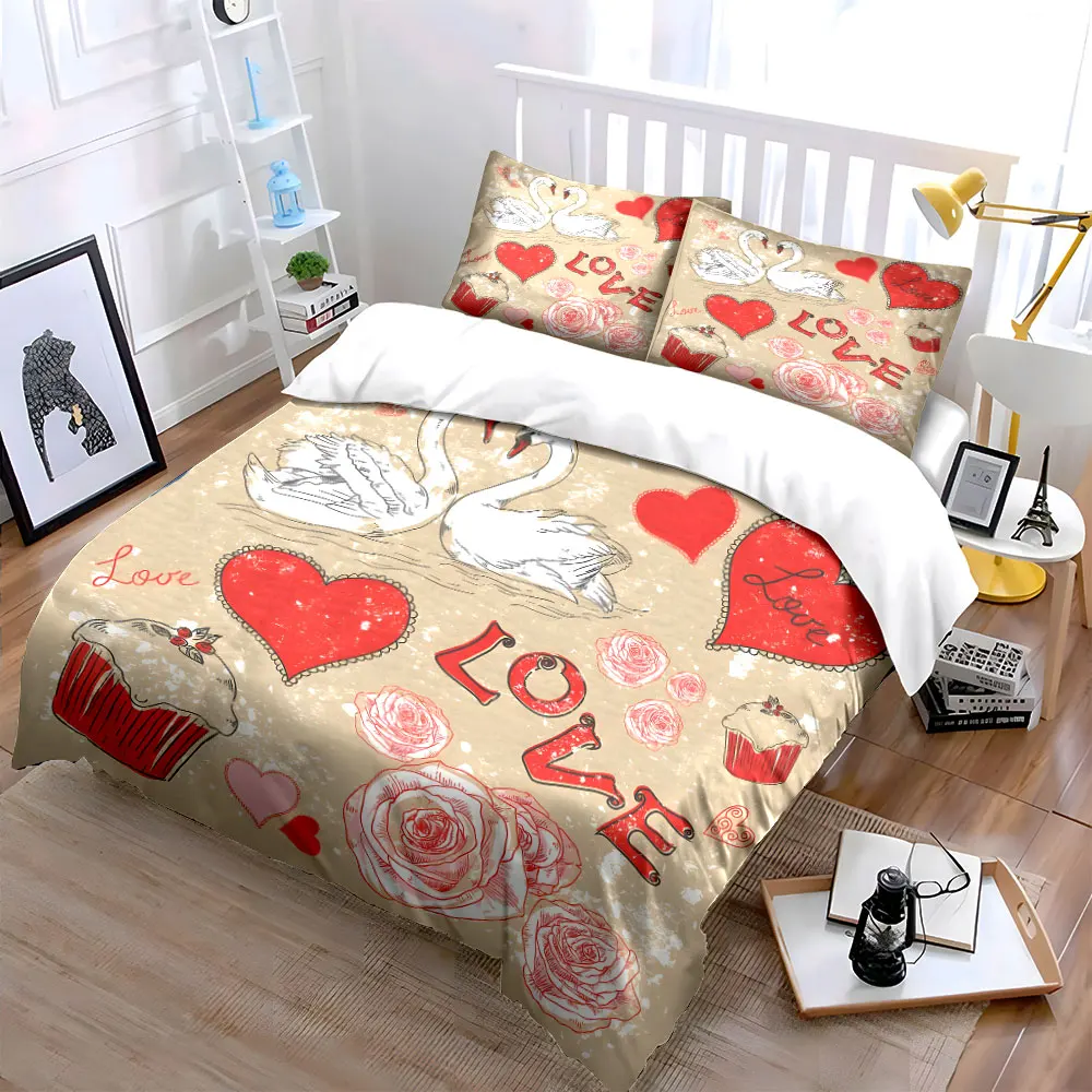 3pcs Romantic swans with red hearts Duvet Cover Set with 3D Printing Design Soft Polyester Bedding Set All-Season Comfort