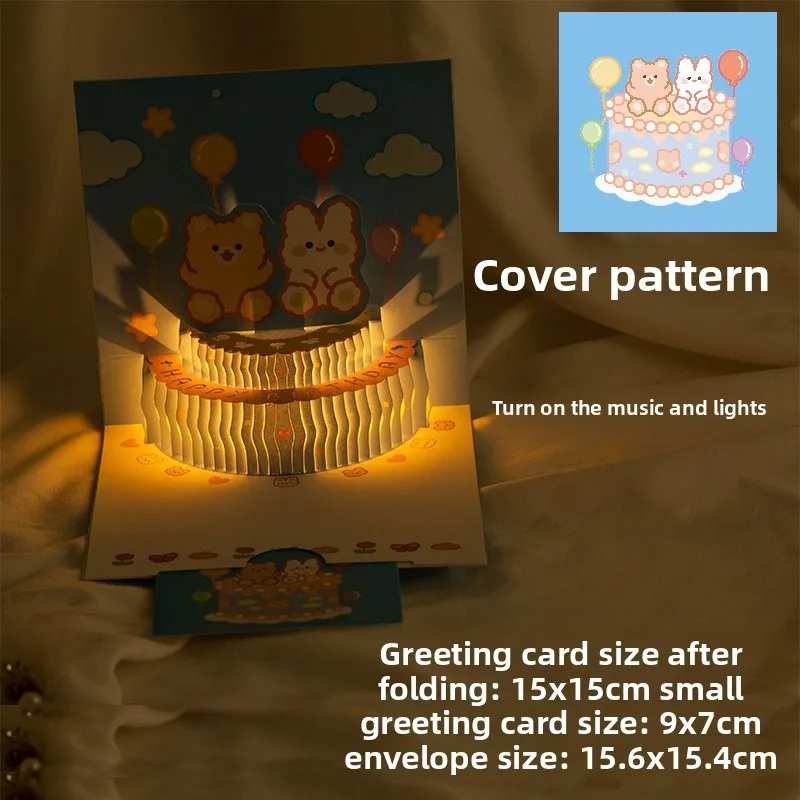 Customizable 3D Pop-up Birthday Card with Lights and Music (Bear, Rabbit, and Cake Designs) – Handmade Holiday Gift Card