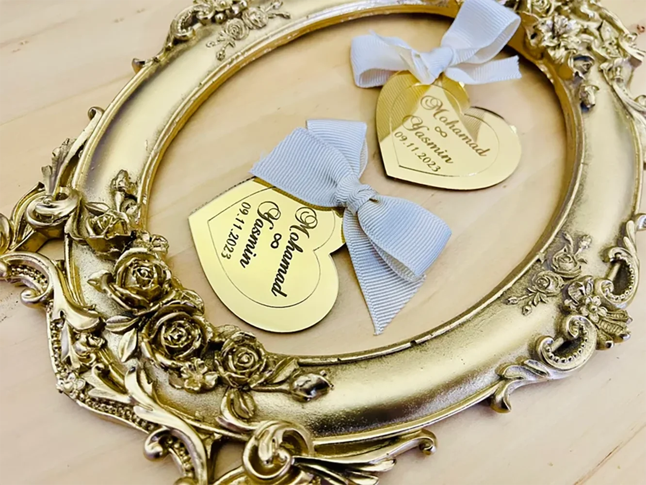 5/10/25/30Pcs  Personalized Engagement Heart Shape Mirror Tag | Wedding Favor Tag | Heart Tag | Engagement Name Tag