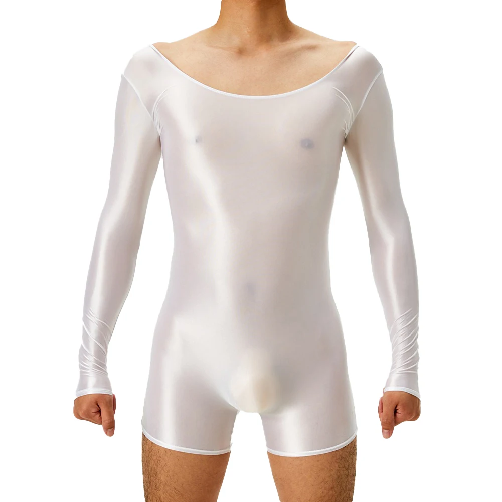 Comfy Fashion Bodysuit Jumpsuit Men O Neck Oil Shiny Quick-drying See Through Shaping Pants Shorts Solid Color