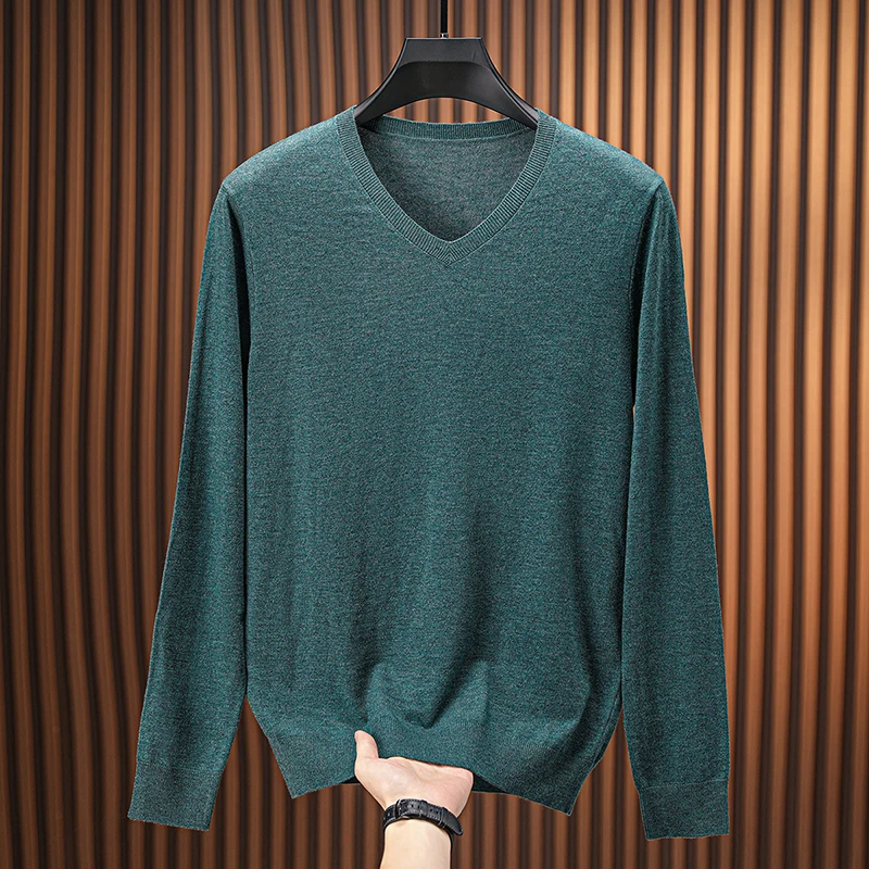 メンズ羊毛混紡ベーシックTシャツ 2025年秋 カジュアルVネック薄手ニットTシャツ 長袖男性用ウール混紡セータープルオーバートップス
