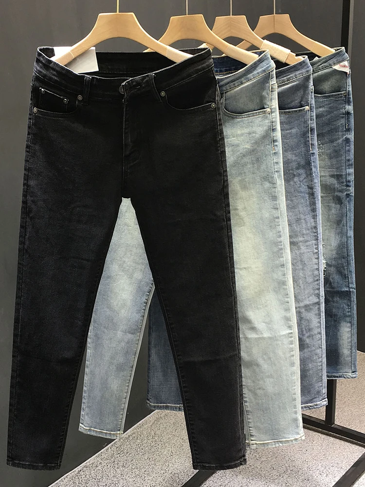 

Мужские летние тонкие эластичные джинсы Bla Slim Fit в корейском стиле, модные повседневные брюки длиной 7/8 для молодежи, на каждый день