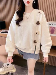 Early Autumn Round Neck Sweatshirt Women, Spring and Autumn Korean Style Loose Thin Flower Splicing Retro Sweatshirt Pullover