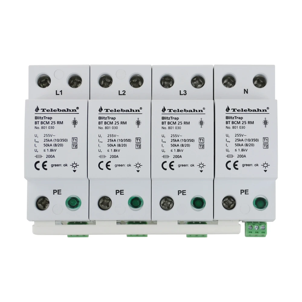 

255V AC SPD T1 25kA 4 Poles TN-S Three-Phase Five-Wire Low Voltage Surge Protection Device for Main Distribution Boards