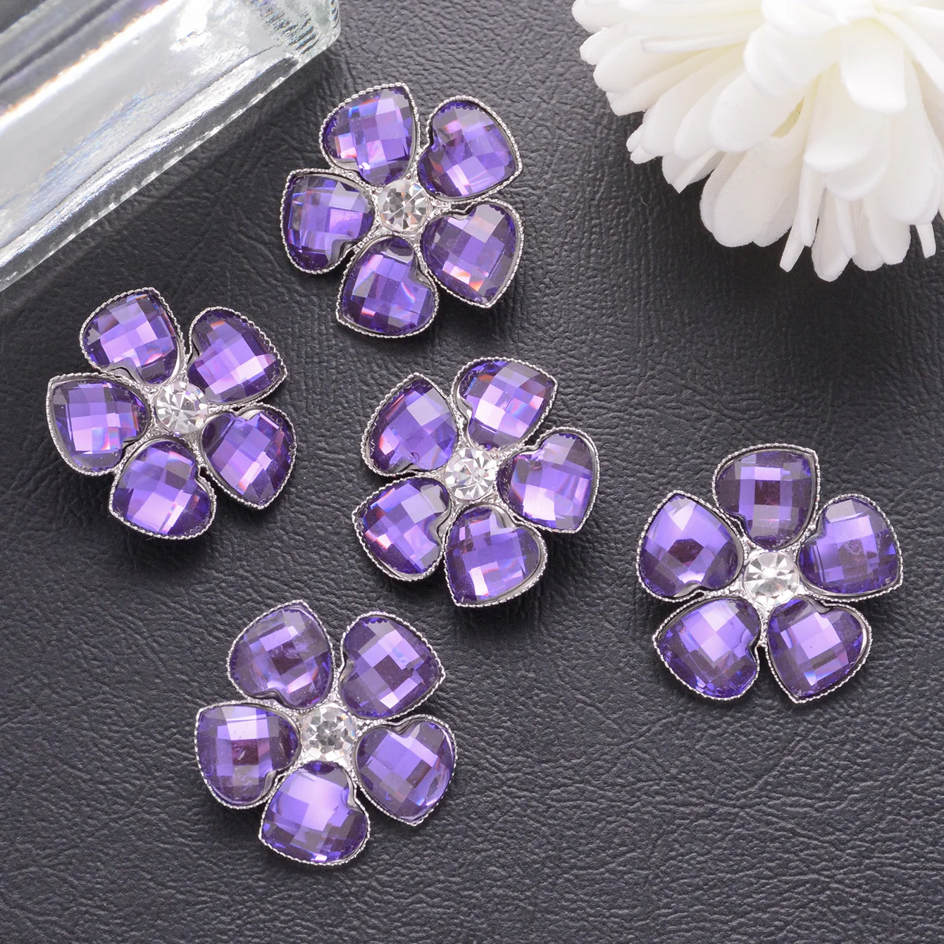 2/4/6pcs Elegant Purple Color Heart Crystal Petal Rhinestone Flower-Shape Metal Sewing Button DIY Clothing Jewelry Accessories