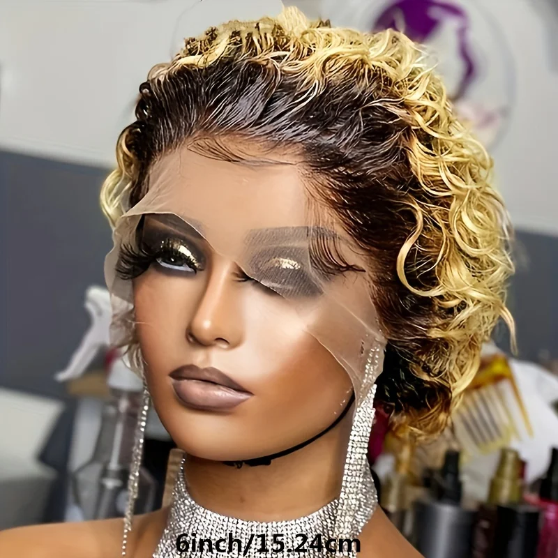 150% density short curly pixie cut remy hair wig 99j/black/1b27/350 color daily use wig for women 13×1 lace human hair wig