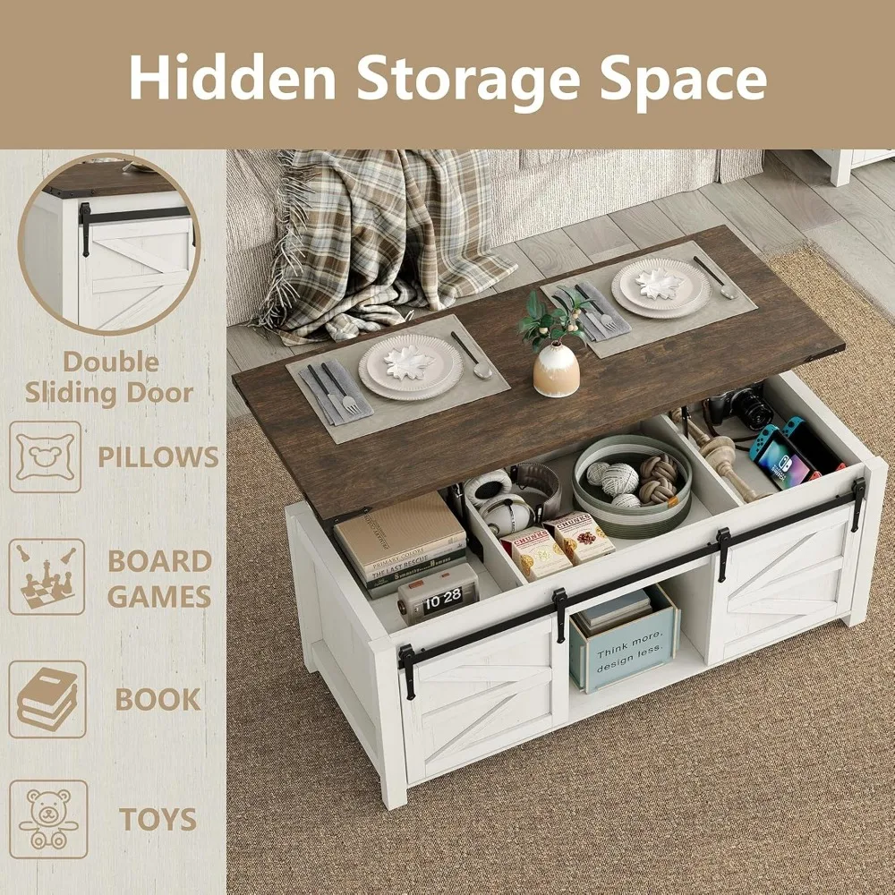 47.3'' Lift Top Coffee Table with Storage, Modern White Coffee Table with Sliding Barn Doors, Farmhouse & Rustic Rectangle Cente
