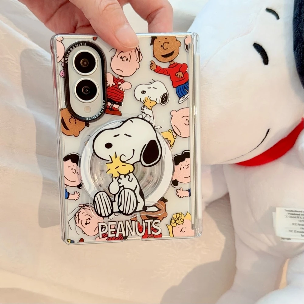 Cute Cartoon Peanuts Snoopy Magnetic Holder Magsafe Wireless Charge Phone Case For Samsung Galaxy Z Fold 8 7 Ultra Hard Cover