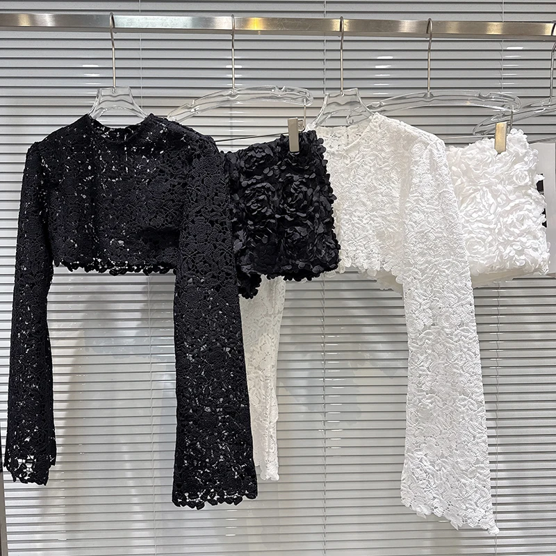 

Spring new sweet and spicy fashionable hollow out lace short style shirt+three-dimensional flower shorts trendy two piece set