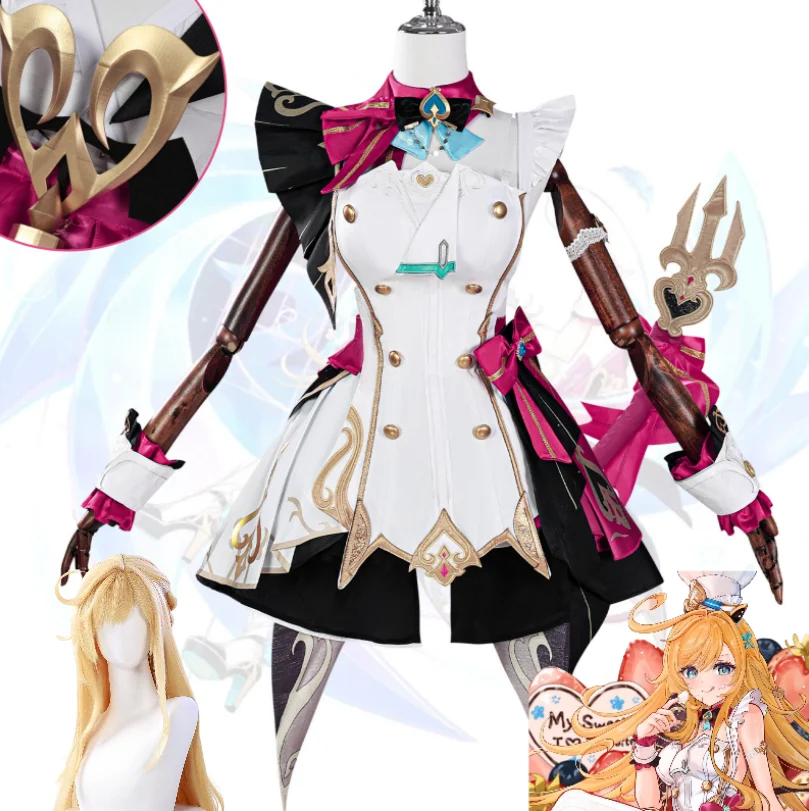 

Аниме игра Genshin Impact косплей костюм Escoffier униформа шеф-повара ярко-розовое платье для торта милые кавайные парики Лолиты косплей костюм