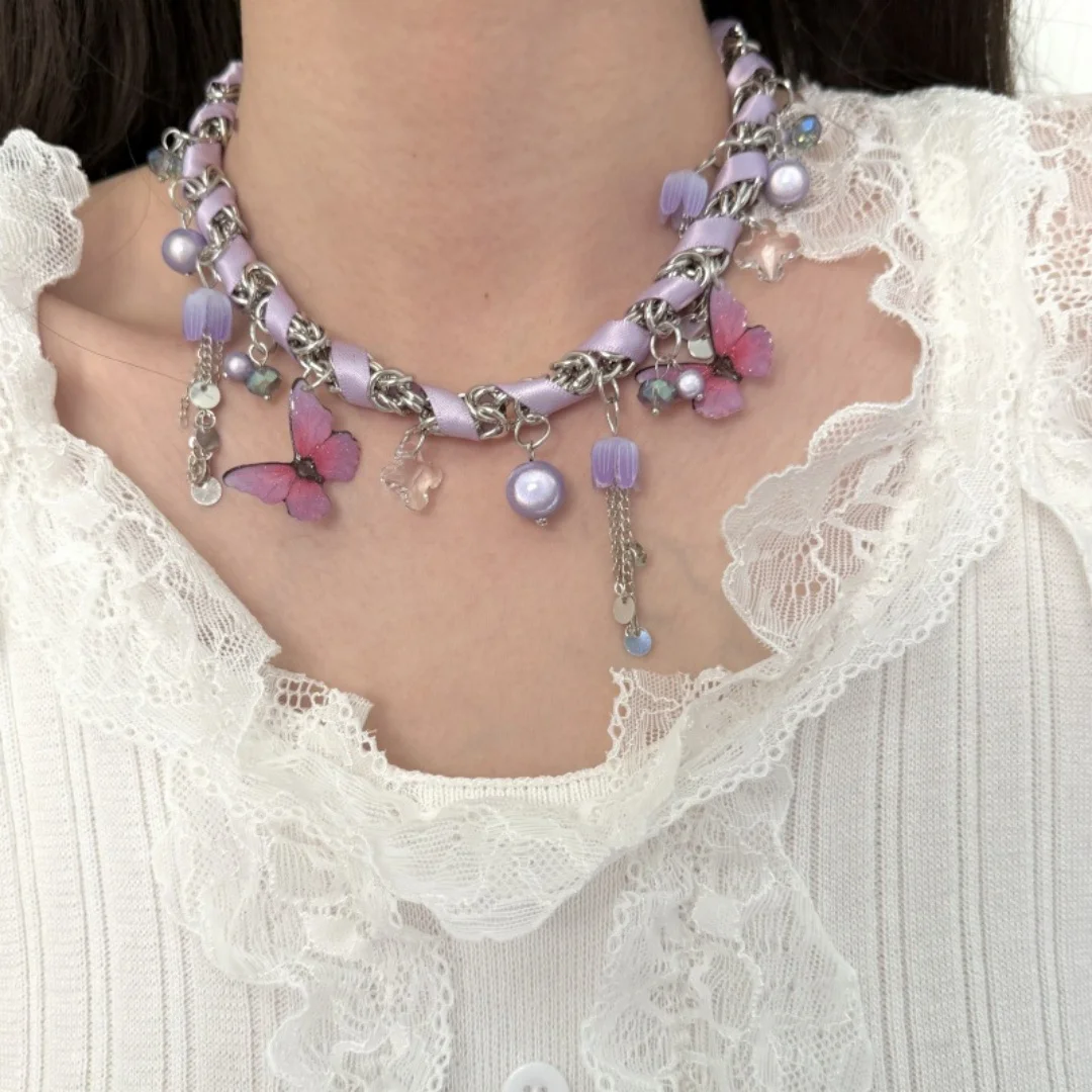 

DUTRIEUX Fashion Purple Sash Wrapped Y2K Collarbone Chain Necklace Sweet Loli Butterfly Design Tassel Choker Jewelry Accessory
