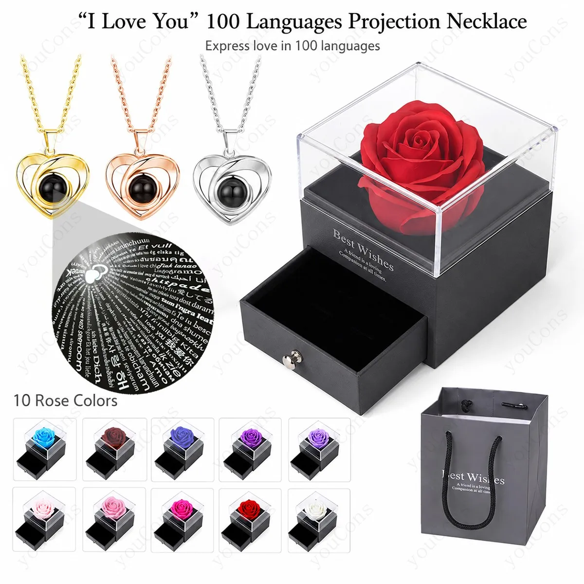 100 Languages I Love You Projection Necklace Heart Pendant With Multi Color Rose Gift Box Valentine's Anniversary For Women New