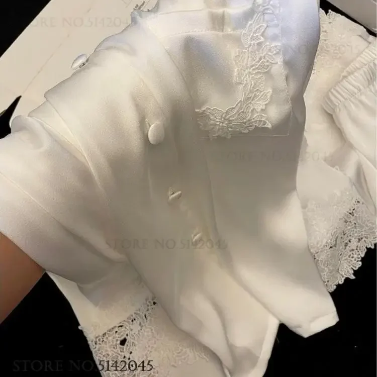 

Женский пижамный комплект из 2 предметов с длинными рукавами, роскошная одежда для сна из белого ледяного шелка с кружевной отделкой, ночная рубашка, брючный пижамный костюм, свободная одежда для дома