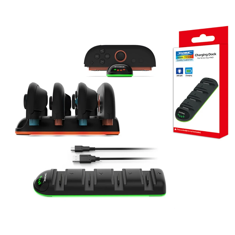 قاعدة شحن 4 في 1 لوحدات تحكم نينتندو سويتش 2 JoyCon شاحن محمول مدمج مع أضواء مؤشر LED مادة ABS