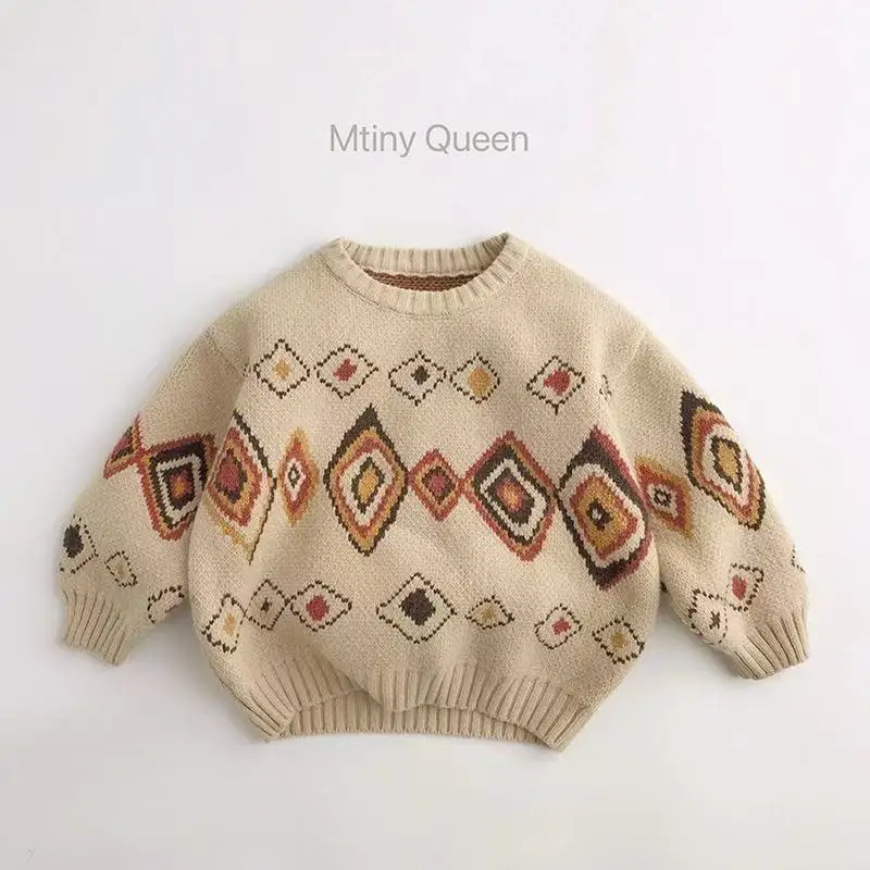 Kids Sweaters Autumn Winter Colorful Grid Retro Vintage Boys Warm Pullover Thicken Girls Knitwear Coat