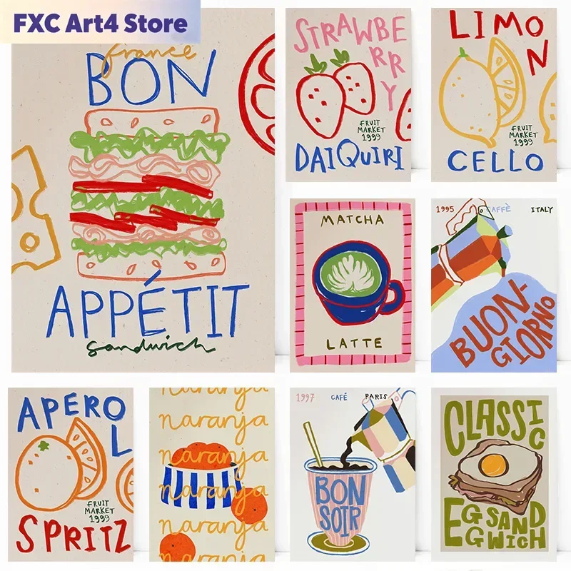 Póster sin Marco de Pastel, Pan, Café, Huevo, Sándwich, Pizza, Arte de Pared para Cocina, Cuadros Impresos en Lienzo para Sala de Estar