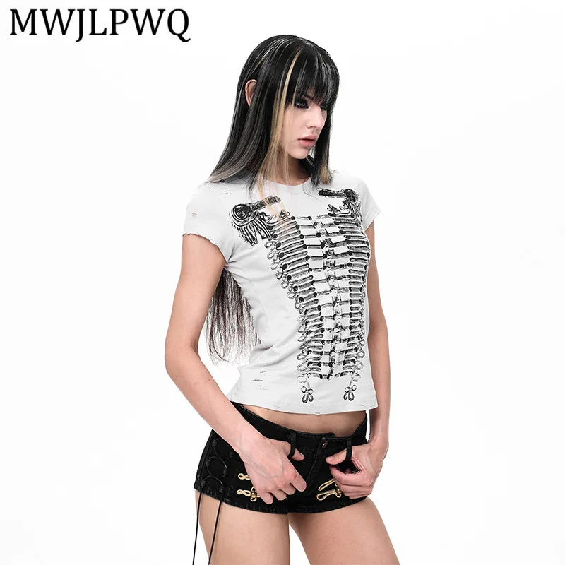 MWJLPWQ Cropped T-Shirt Skeleton Corset Print And Distressed Details Streetwear Gothic Slim Fit Short Sleeve Top Women 16740