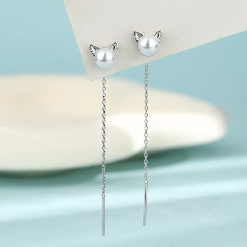 

925 Sterling Silver Geometric Pearl Cat Ear Chain Tassel Drop Earring for Women Fine Jewelry High Luxury Vintage Accessories