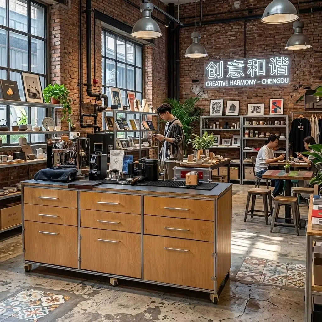 marine panel storage cabinet, Baohaus stainless steel countertop, coffee shop counter, industrial style sideboard