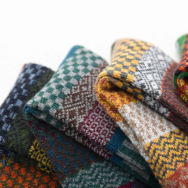 HSS Brand 5 Paar Winter-Herrensocken, dicke Schafwollsocken, warme Herrensocken im Retro-Stil, bunte modische Herrensocken für Schneestiefel – Detail 15