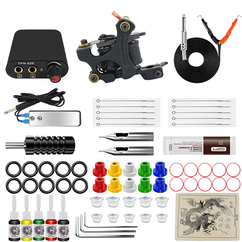 Tattoo machine set 4 color tattoo ink 10 tattoo needles full set of black single machine tattoo set tools