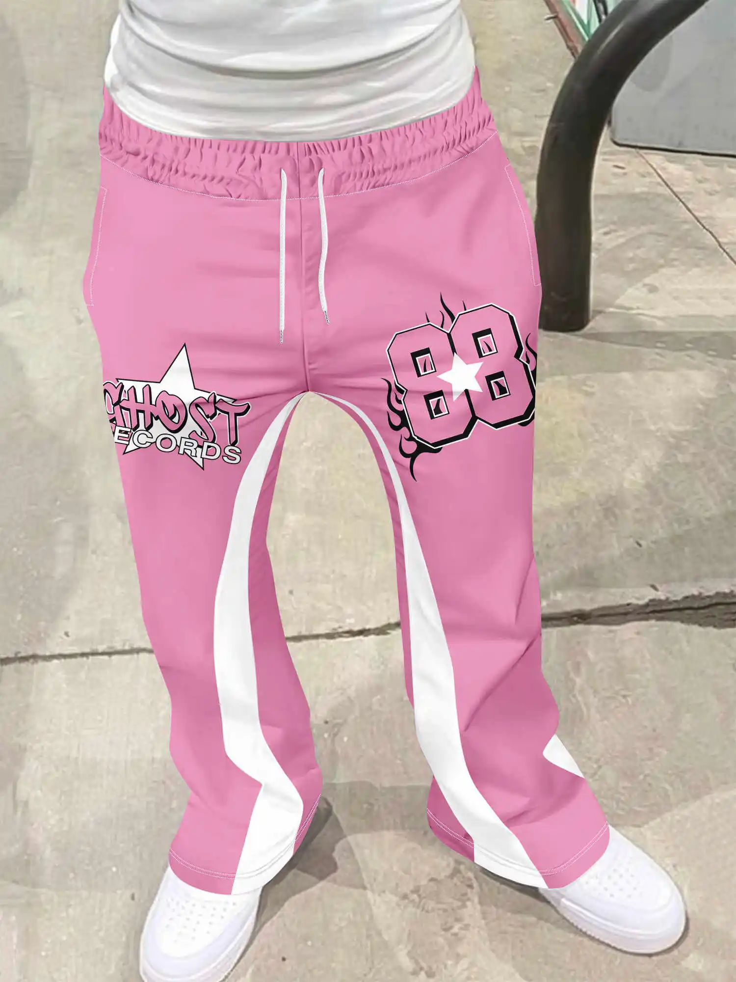 Y2K Gothic Quick Dry Flared Trousers Unisex Lightning Font Print Black White Stripe Spliced Hip Hop Streetwear Long Pants view 3