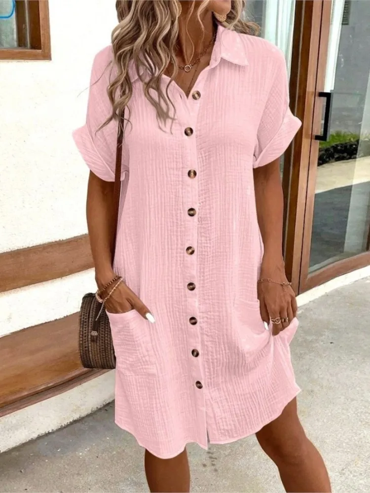 2025 Clothing For Women Summer Simple V-neck Button-down Cotton And Linen Dress Female New Fashion Casual Shirt Blouses Dresses