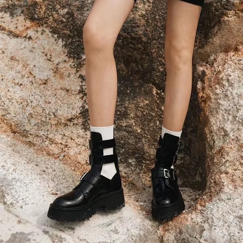 Hollow Out Chelsea Boots for Women Spring Autumn Platform Ankle Boots PU Breathable Woman Shoes Black Bota Feminina Mid-Calf