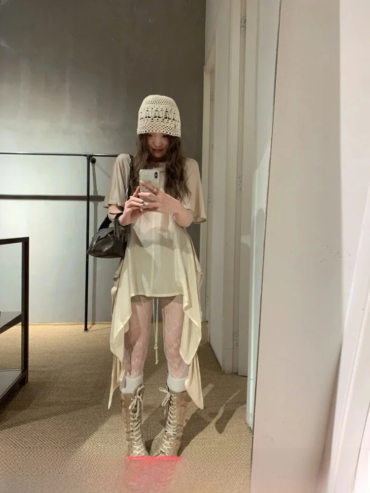 

Шелковая вязаная футболка-накидка с пэчворком, женская повседневная одежда, летний сезон, круглый вырез, средней длины