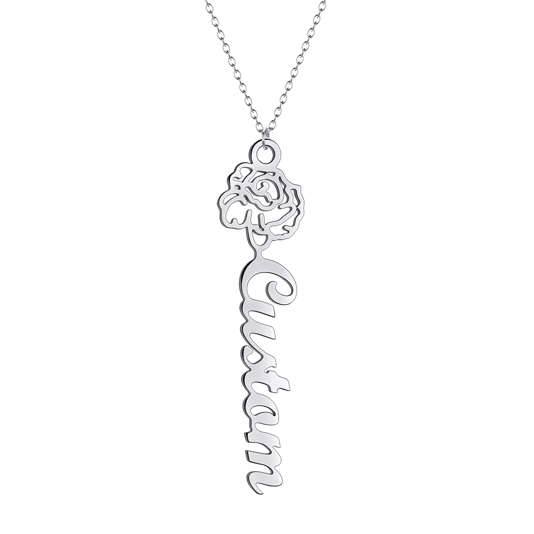 QIMING Personalized Custom Name Rose Flower Choker Necklaces For Women Stainless Steel Jewelry Necklace Valentines Day Gifts