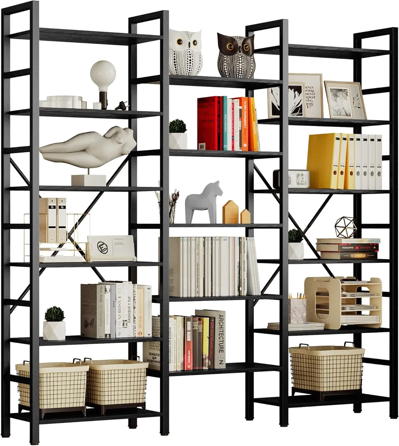 Bookshelves 6 Tiers Triple Wide Industrial Bookshelf, Large  Bookshelf Open Display Shelves with Metal Frame for L